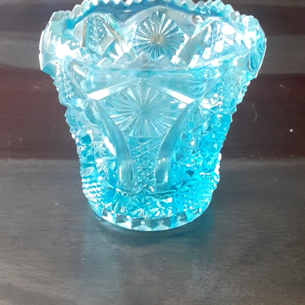 Vintage Imperial Glass IG blue Daisy & Button Toothpick Holder - Marked